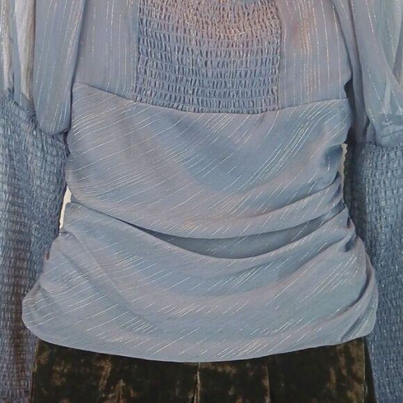 WAYF Whimsigoth Slate blue chiffon ruched long puff sleeve top size small fairy - Picture 10 of 13